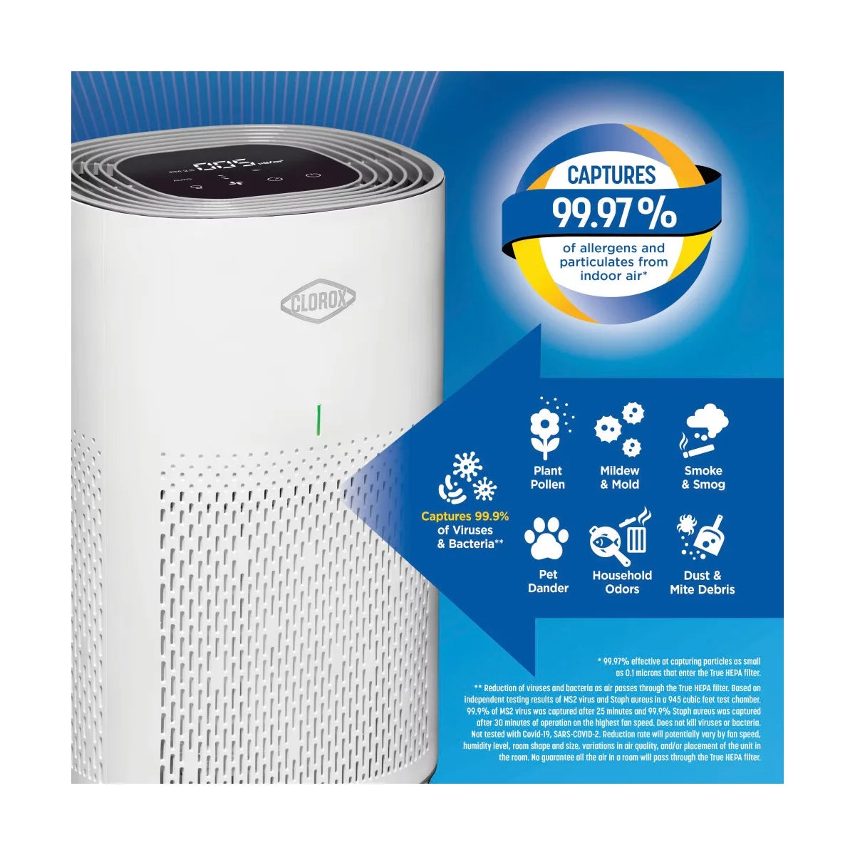 Clorox Medium Room True HEPA Filter Air Purifier 11030 White: Energy Star Certified, 100-300 sq. ft., 6 Settings
