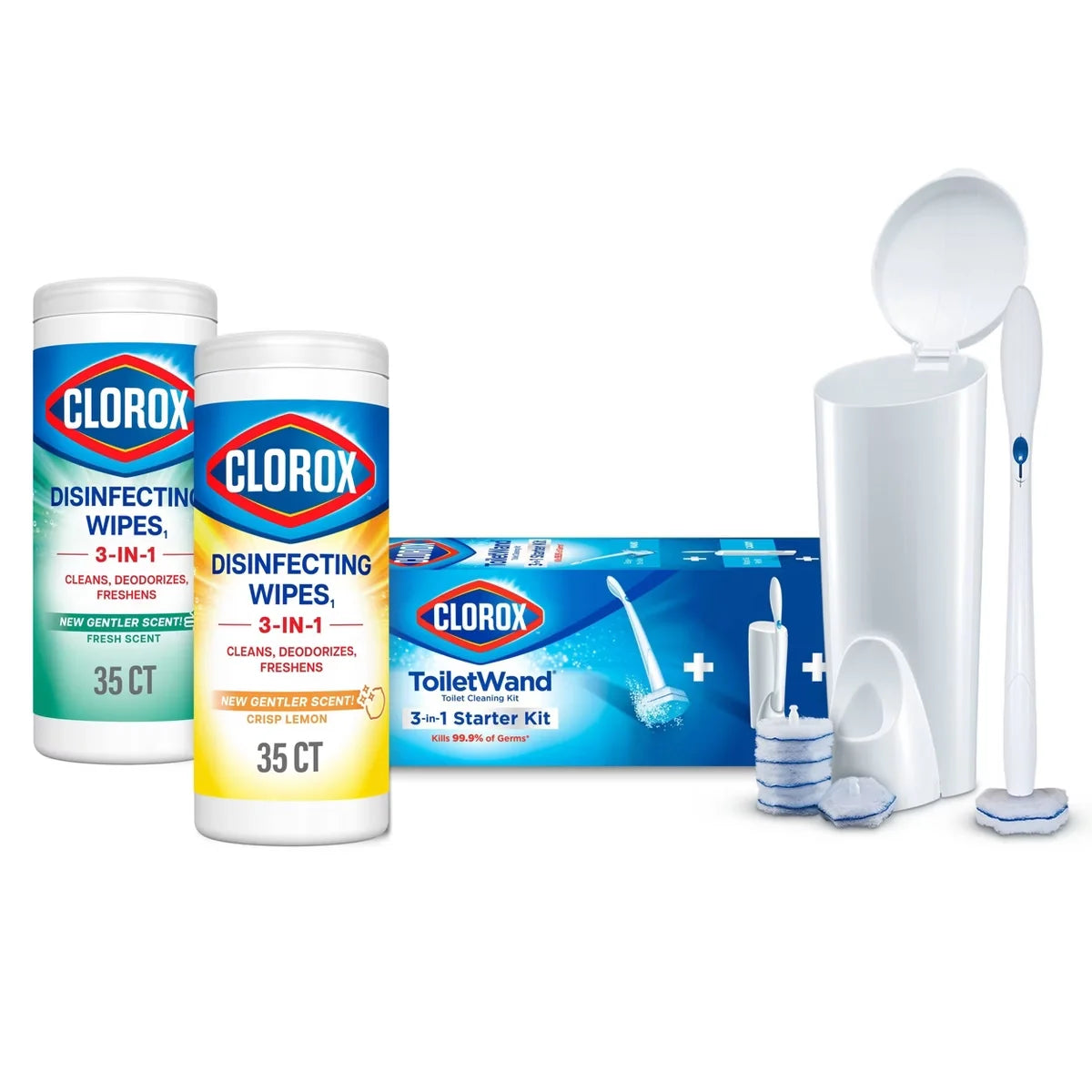 Clorox 35ct Crisp Lemon Disinfecting Wipes Bleach Free Cleaning Wipes + ToiletWand Storage Caddy 6 Refill Heads + 35ct Disinfecting Cleaning Wipes