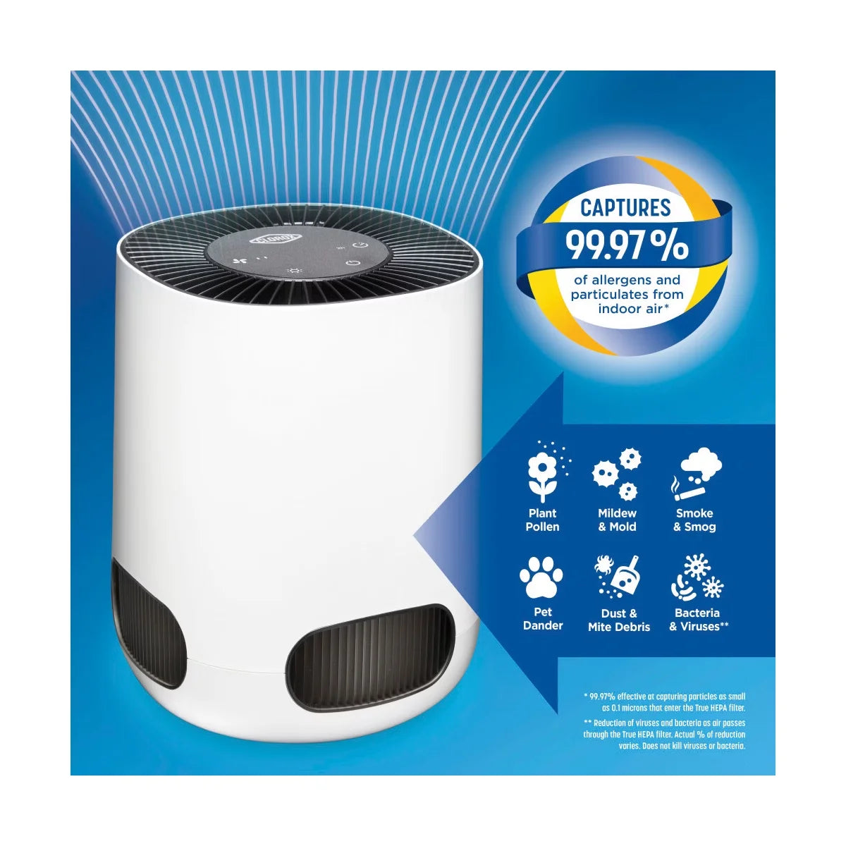 Clorox 200 Sq.ft. Tabletop True HEPA Air Purifier Capacity 11020: Mold Control, Energy Star Certified, 5 Settings, White