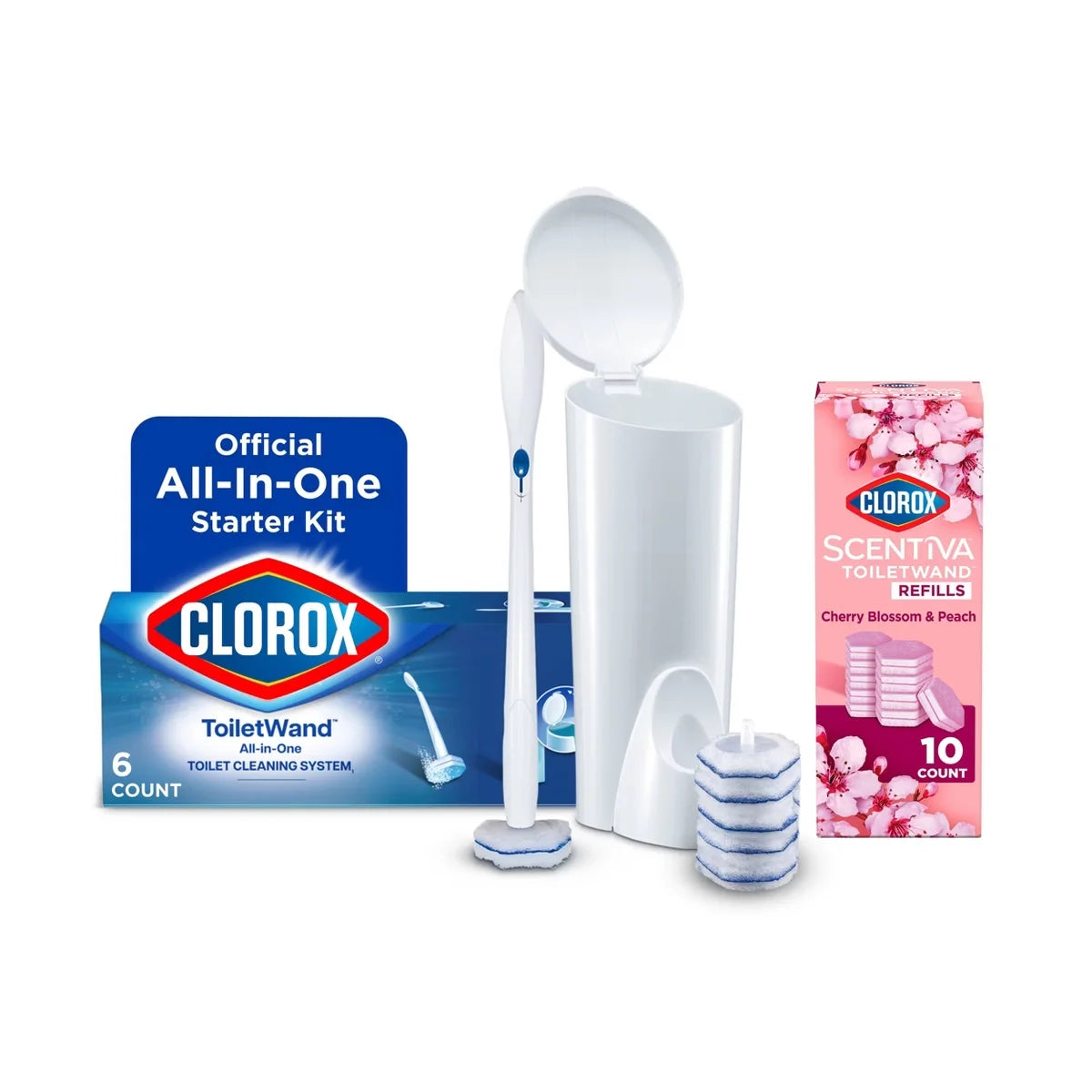 Clorox ToiletWand Disposable Toilet Cleaning System Caddy and 6 Refill Heads + 10ct Scentiva Cherry Blossom & Peach ToiletWand Refill