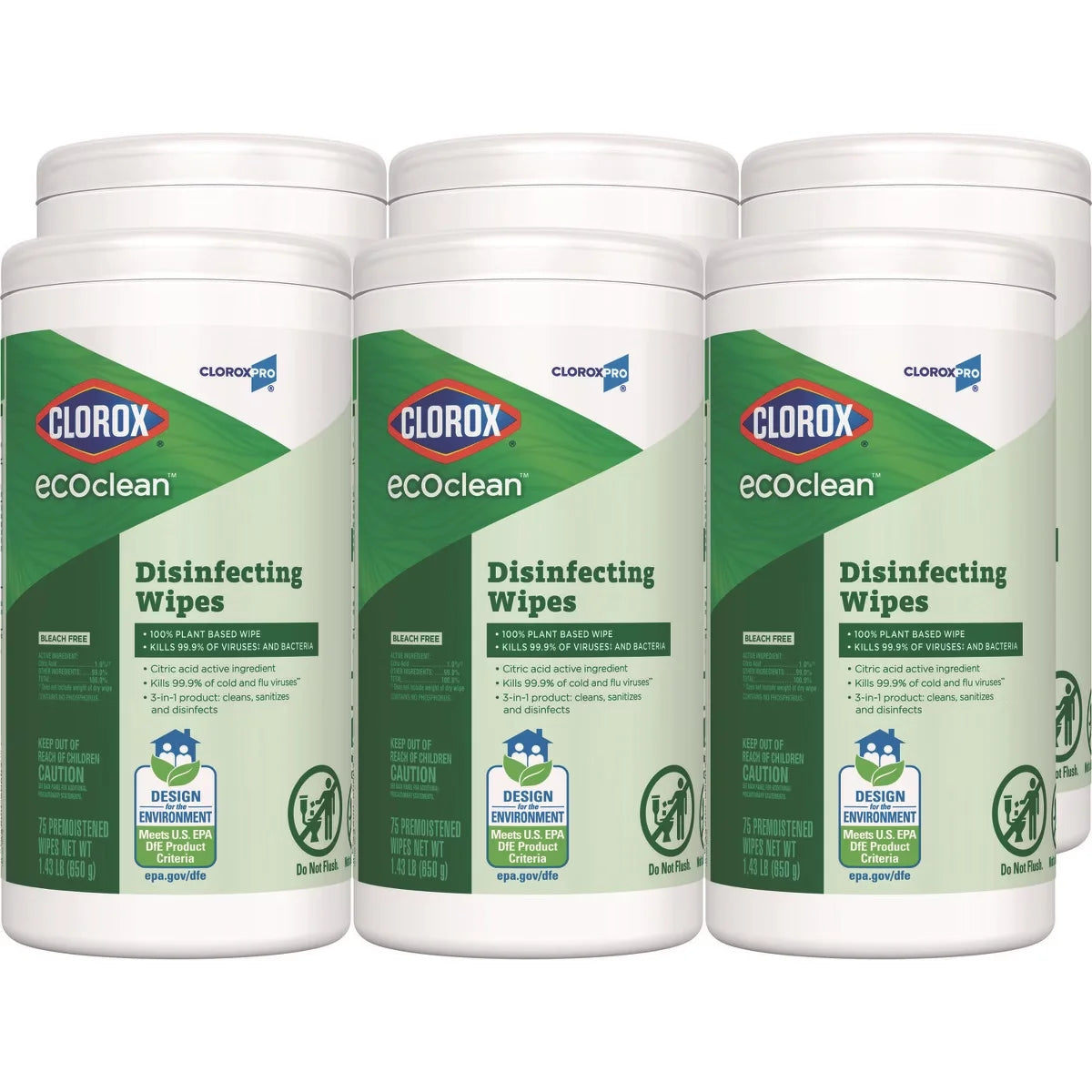Clorox CloroxPro EcoClean Disinfecting Wipes, 1-Ply, 8 x 7, Unscented, White - Case of 6 - 75 pcs